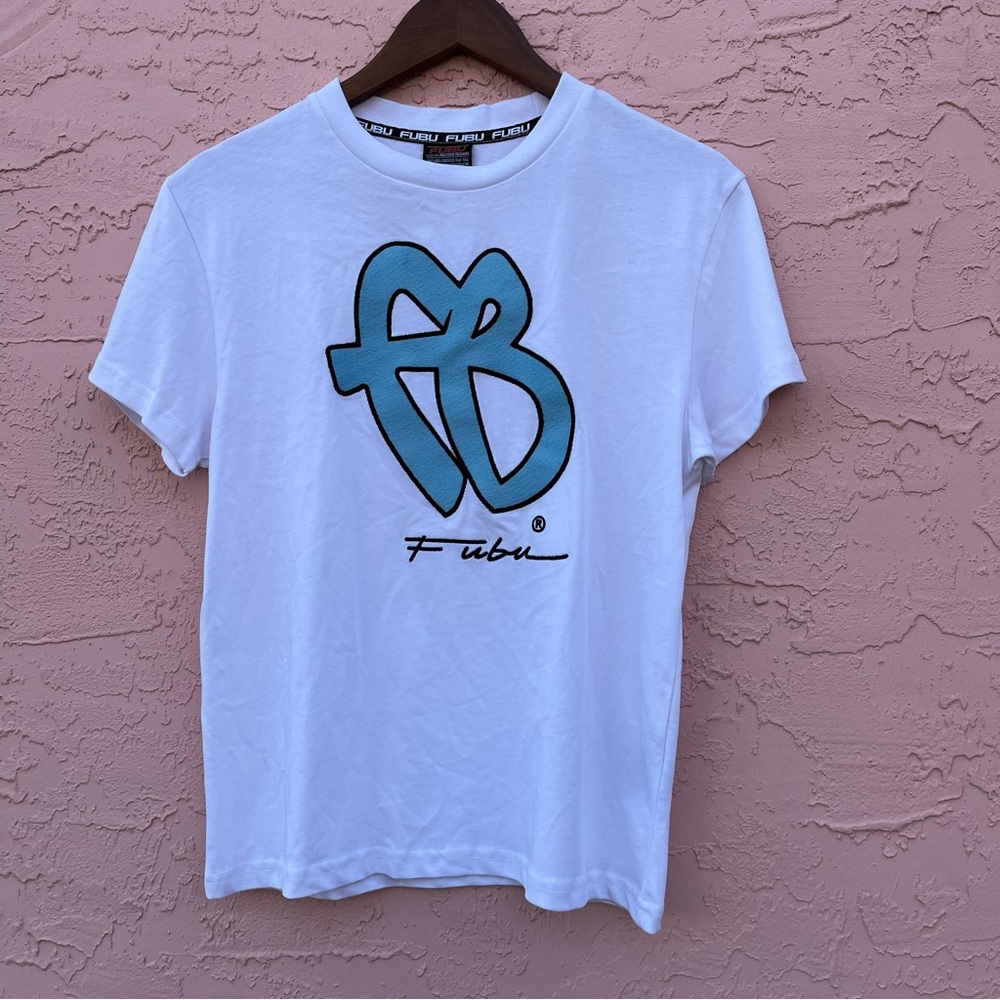 Fubu T-Shirt Embroidered Script White Blue Cotton Adult Size Small